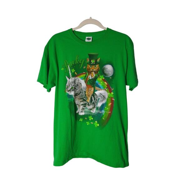 Lucky Unicorn Cat Meme Graphic T-Shirt Green Mens Medium Cotton - Picture 3 of 6